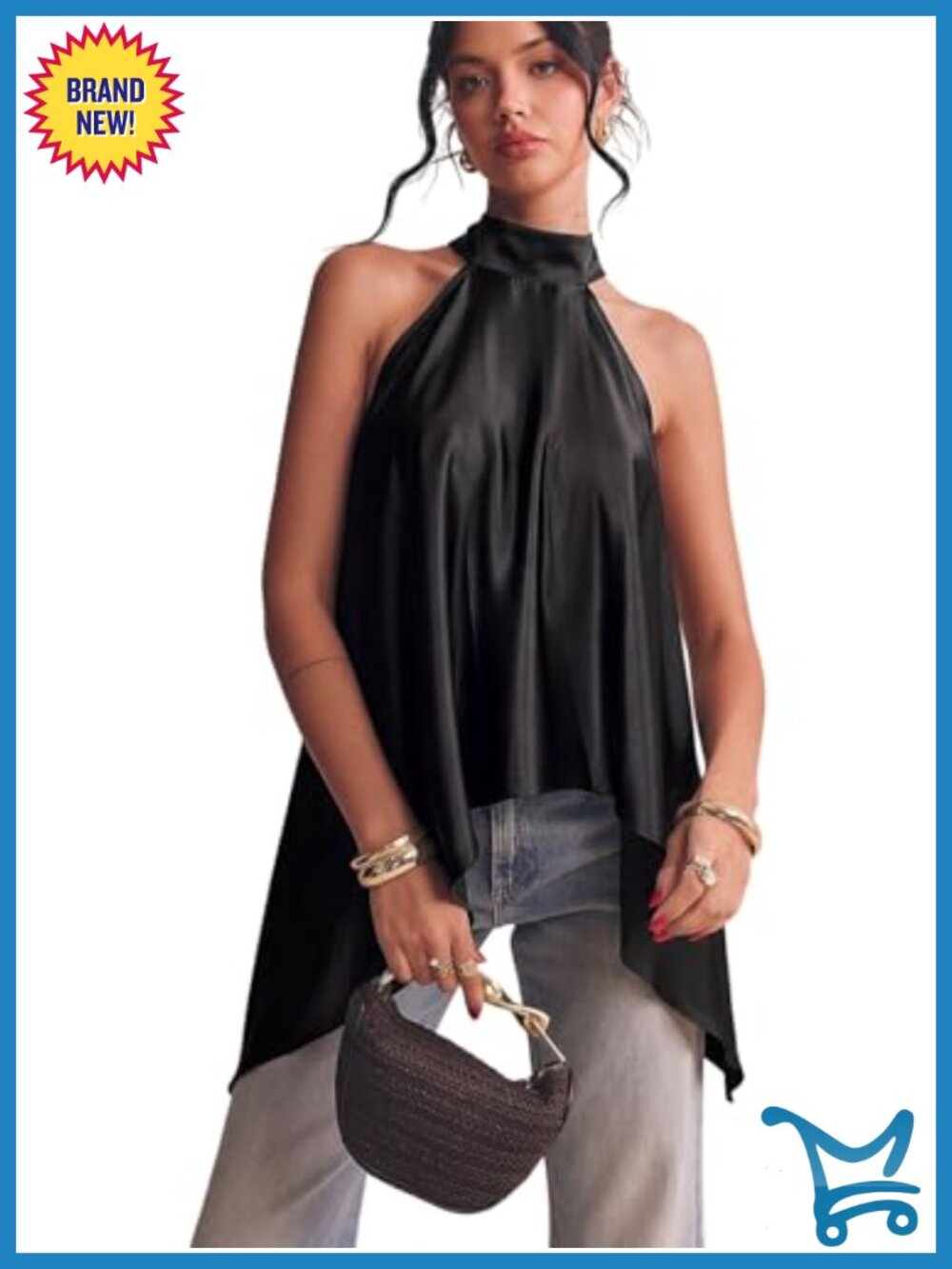 Satin Halter Blouse Sleeveless Asymmetrical Party Top